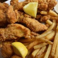 Catfish Platter · Six large crispy fried catfish strips. Served with hushpuppies and fries.