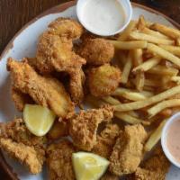 Pick Two Fried Platter · Shrimp OR Catfish with oysters. Served with hushpuppies and fries.