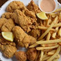 Oyster Platter · Twelve large fried Gulf oysters. Served with fries and hushpuppies.