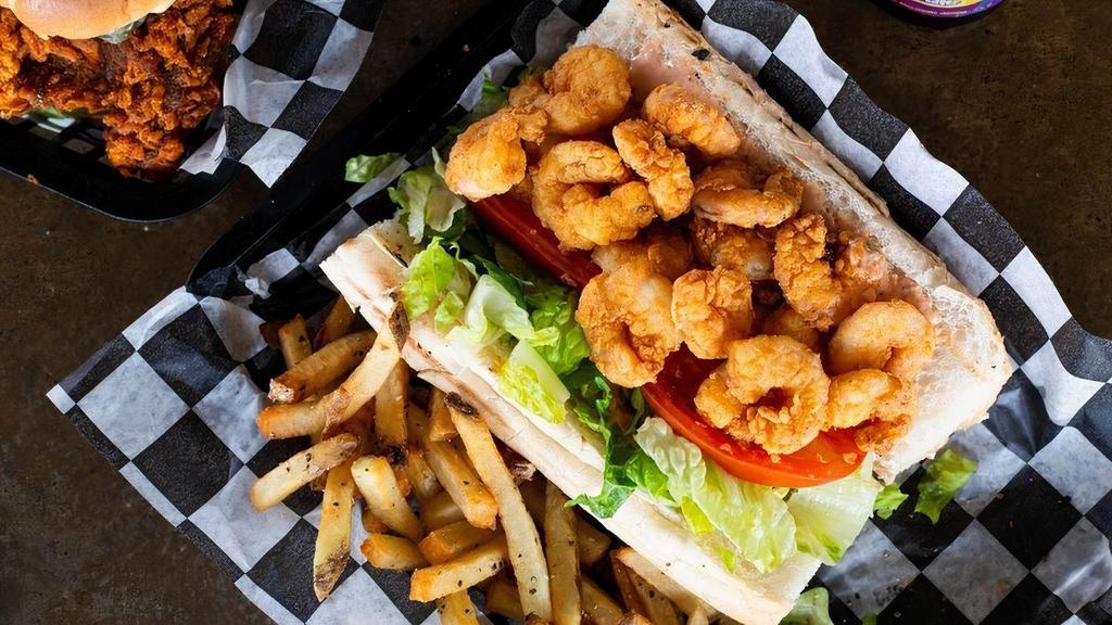 Shrimp Po'Boy · Fried, grilled, or blackened shrimp with remoulade, lettuce, and tomato. Served with fries or Zapp's Voodoo Chips.