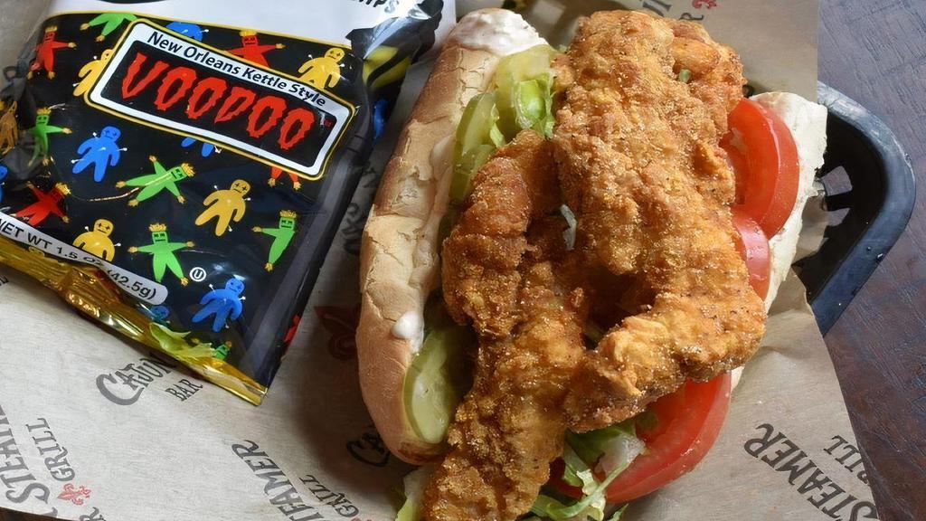 Fried Catfish Po'Boy · Mississippi farm-raised catfish with lettuce, tomato, and tartar sauce. Served with fries or Zapp's Voodoo Chips.