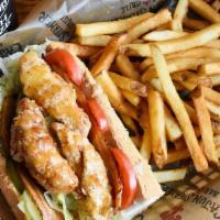 Fried Chicken Po’Boy · Crispy fried chicken strips and spicy Tabasco bacon topped with lettuce, tomato, pickle and ...