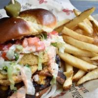 Big Chief’S Fgt Burger · ½ lb brisket burger topped with spicy bacon, fried green tomatoes, cheddar, pickles, lettuce...