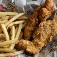 Kids Fried Catfish Basket · Fried catfish strips served with fries and a drink.
