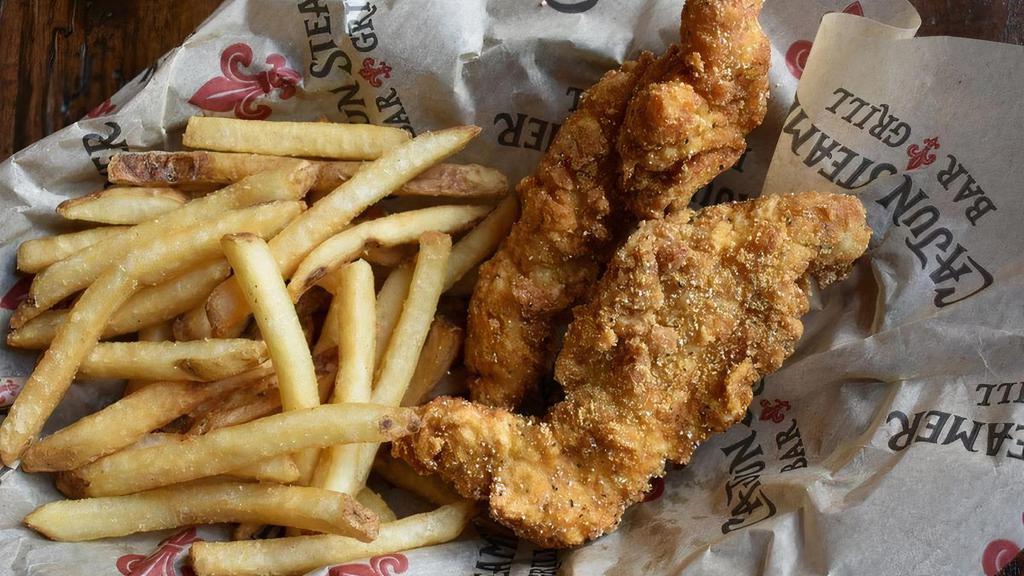 Kids Fried Catfish Basket · Fried catfish strips served with fries and a drink.