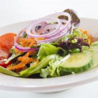 House Salad · Mixed greens, tomatoes, cucumbers, carrot, onion and balsamic vinaigrette. Gluten-free.