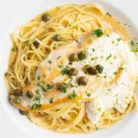 Chicken Piccata Spaghetti Pasta · Organic chicken breast pan seared in a lemon caper sauce served over spaghetti.
