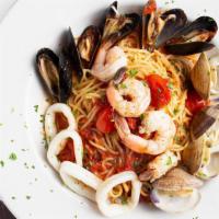 Frutti Di Mare Pasta · Spaghetti, mussels, clams, calamari and shrimp in a garlic-tomato sauce.