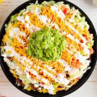 Vegetarian Chop-Chop ® · Diced tomatoes, lettuce, black beans, guacamole, sour cream, and cheese over yellow rice.