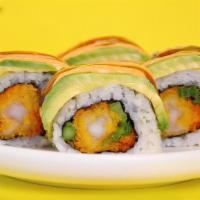 Dragon Roll · Shrimp tempura, asparagus, scallions and masago, topped with avocado, spicy mayo and eel sau...