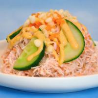 Crunchy Crab Salad · Krab with mayo, red onion, lime juice., tempura flakes, cucumber and masago