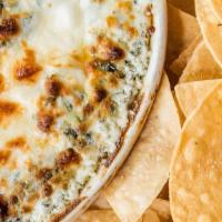 Artisan 5-Cheese Spinach Dip · Five cheese blend, spinach, cream cheese, toasted pita, tortilla chips.