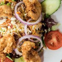 Southern Fried Chicken Salad · Crispy chicken tenders, tomato, cucumber, carrot, hard-boiled egg, bacon, , croutons, chedda...