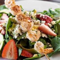 Grilled Shrimp Spinach Salad · Avocado, fresh strawberry, blue cheese crumbles, hard boiled egg, fresh spinach.