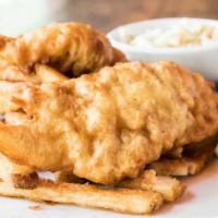 Classic Fish & Chips · (Available til 11pm) Beer-Battered Pacific cod, coleslaw, our famous beer-battered fries, ta...
