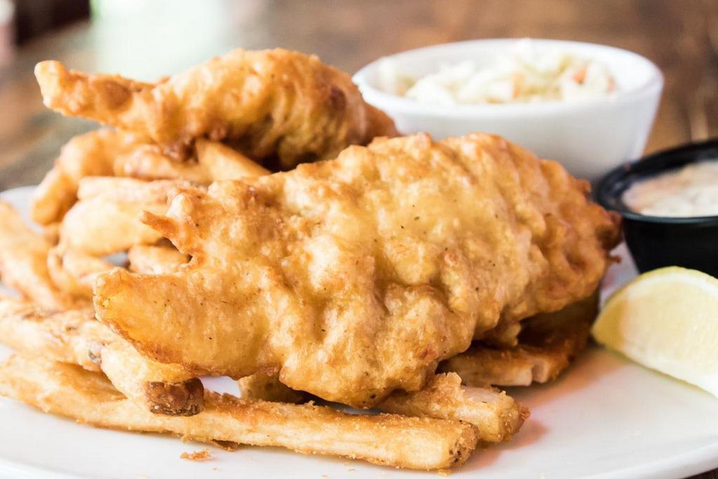 Classic Fish & Chips · (Available til 11pm) Beer-Battered Pacific cod, coleslaw, beer-battered fries, tartar sauce.