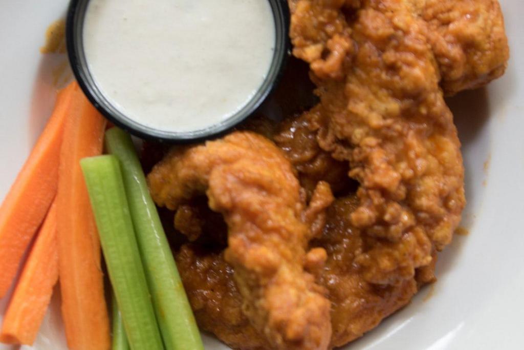 Boneless Zingers (5) · Chicken breast tenders, hand-battered & fried or grilled, tossed in your favorite sauce, served with carrots and celery.