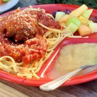 Kid'S Meatballs & Spaghetti · (Available til 11pm) Meatball, marinara over spaghetti.