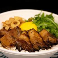 Pork Belly Bowl · Sushi rice, fried egg, pork belly, spiced teriyaki, crispy onion, arugula. - ALLERGENS: EGG,...