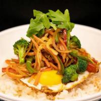 Vegetarian Bowl · Sushi rice, fried egg, stir-fry vegetables, ginger, garlic, Kuenko dressing, cilantro, arugu...
