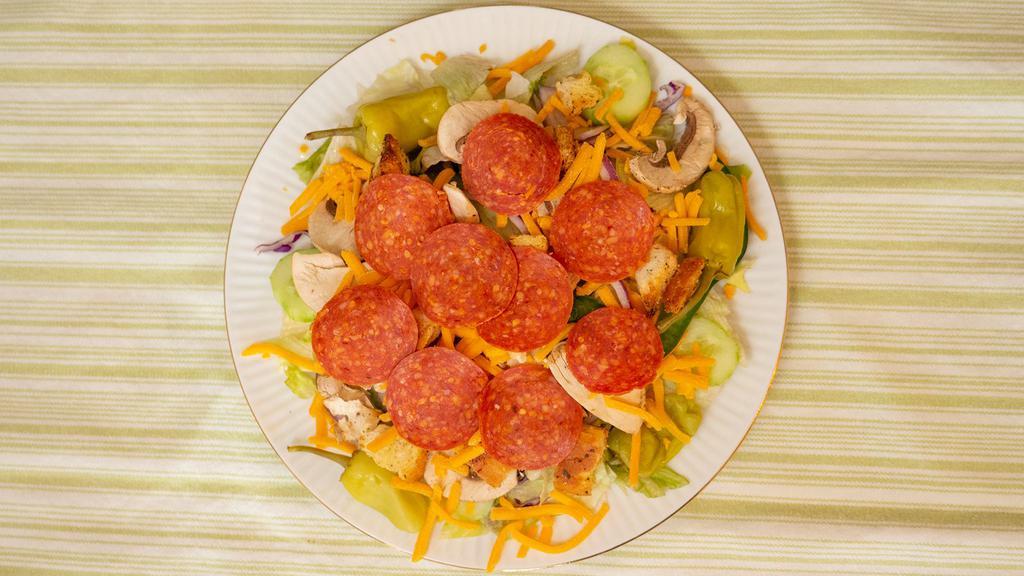 Rosati'S Antipasto Salad · Romaine and iceberg lettuce, spinach leaves, green pepper, red onion, black and green olives, pepperoni, Canadian bacon, grape tomato, mozzarella cheese and shaved asiago cheese served with our signature sweet Italian dressing.