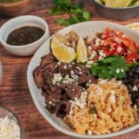 Asada Bowl Steak · Marinated skirt steak, rice, black beans, pico de gallo, caramelized onions, house made
sals...