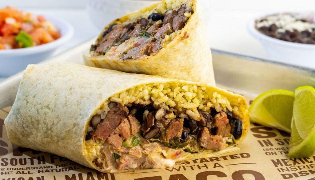 Carne Asada Bur Rito · Grilled skirt steak, poblano rice, creamy black beans, roasted poblanos, pico de gallo, chipotle ranch.