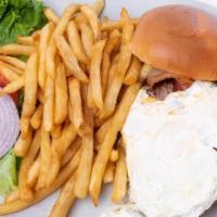 Breakfast Burger · American, thick cut bacon, over medium egg served with fries