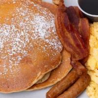 The Hangry Man · 2 eggs, 2 pancakes or french toast, 2 applewood bacon and 2 sausage.