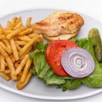 Grilled Chicken Sandwich · Grilled chicken served with lettuce, tomato, onion, on a fresh brioche bun