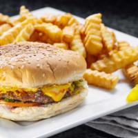 Hamburger & Fries · quarter pound black angus burger,lettuce ,tomatoes,onions,pickle,ketchup ,mustard, mayo gril...