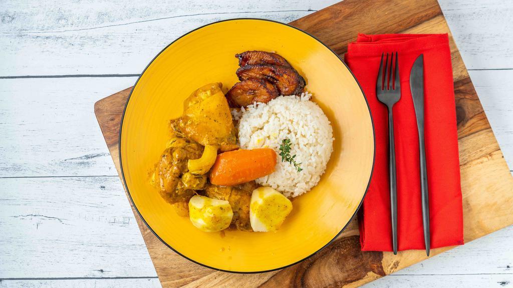 Curry Chicken · Curry Chicken  cooked with medley of red, green,  yellow bell peppers, carrots and potatoes.  Served with Rice and peas, Yellow rice, or White rice.
Small: one side   Large:  two sides   Jumbo:  two sides    
Sides: Cabbage, Corn, Plantain, Boiled Dumpling, Boiled Banana, or Cornbread