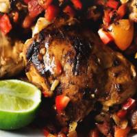 Jerk Chicken · Jamaican-style jerk chicken with thyme and scotch bonnet pepper. Served with Rice and peas, ...