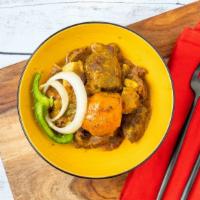 Curry Goat · Spicy and hearty curry goat with lots of flavor. Served with Rice and peas, Yellow rice, or ...
