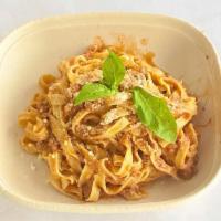 Fettuccine Bolognese With Mozzarella · Fettuccine with beef and pork meat, tomato sauce, basil, and mozzarella.