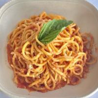 Spaghetti Tomato Sauce With Mozzarella · Spaghetti with our homemade tomato sauce, mozzarella, and basil.