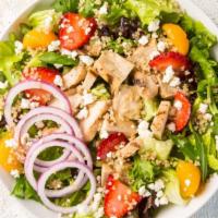 Quinoa Chicken Salad · Field greens, grilled chicken, feta, quinoa, red onions, fresh strawberries, mandarin orange...