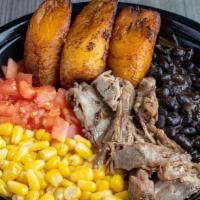 Cuban Bowl · White Rice, Shredded Pork, Sweet Corn, Black Beans,  Tomatoes, Fried Plantains