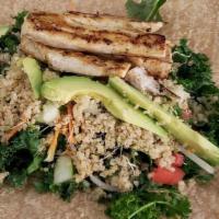 Mahi Mahi Fire Wrap With Our Citrus Sauce · Kale, Avocado, Quinoa, Grape Tomatoes, Alfalfa, Bean Sprouts, Carrots and Cucumber, on a Who...