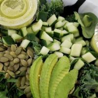 Green Goddess · Baby Arugula, Baby Spinach, Kale, Avocado, Cucumber and Pumpkin Seeds