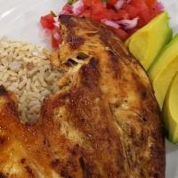 Grilled Chicken Breast Platter · Skinless, boneless breast with herb & spices. Served with Cilantro Brown Rice, and a choice ...