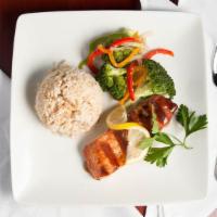 Grilled Salmon (6 Oz) · Grilled salmon filet seasoned lightly, served with wild rice or brown rice with your choice ...
