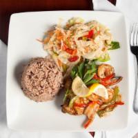 Grilled Chicken Breast & Shrimp · Grilled chicken topped with sautéed shrimp, onions, and peppers, served over brown rice or w...