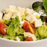 Mediterranean Salad · Mixed Salad with Fresh Mozzarella, Cherry Tomatoes, Green Olives and Basil Pesto