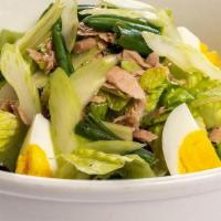 Nizzarda Salad · Tuna Fillet in Olive Oil, Romaine Lettuce, Celery, Boiled Eggs , Potatoes, String Beans, Bla...