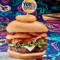 Funion Burger · 6 oz Angus beef patty, Bacon, Onion rings, Lettuce, Tomatoes, American white cheese, and BBQ...