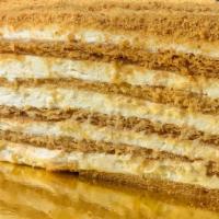 Honey Cake · Our popular traditional Medovic. Honey cake and sour cream layer cake.