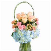 Pink Arch · Lasting hydrangea arrangement in a lovely vase. Roses and hydrangeas make an elegant match o...