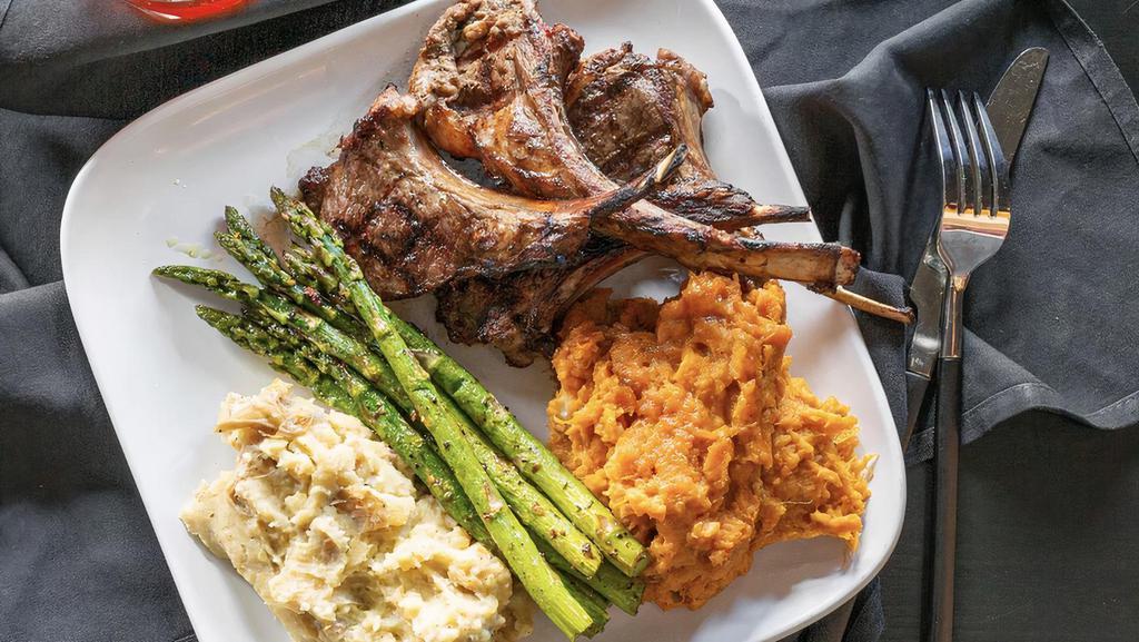 Lamb Chops · Marinated overnight With red wine & fresh rosemary grilled to perfection. Served with your choice of 2 sides