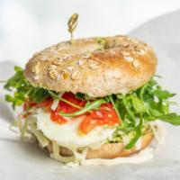 Egg Sandwich · Regular. Eggs, avocado, mozzarella cheese, arugula, cherry tomatoes and olive oil on organic...